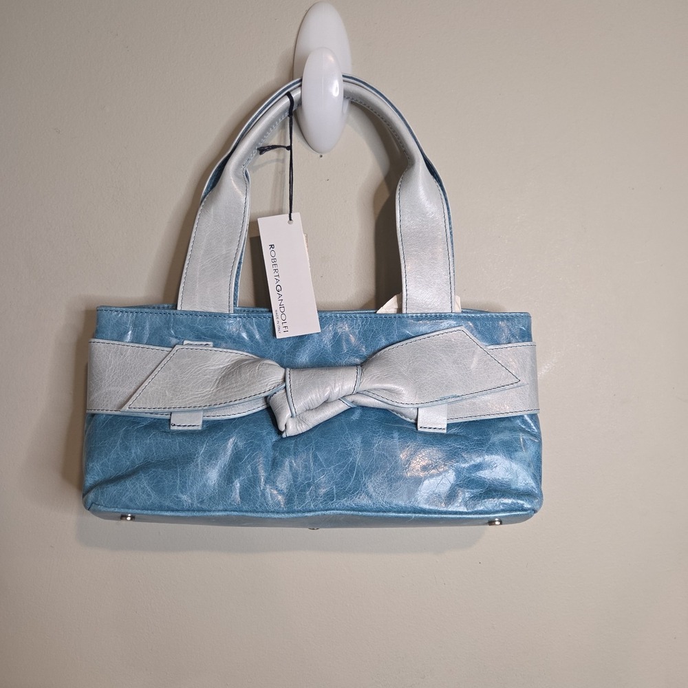 Roberta Gandolfi Italy Leather Handbag Blue Bow Satchel Tote NWT Luxury Designer
